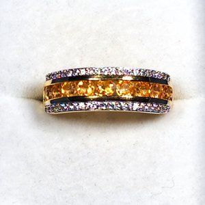 Premium Spessartine Garnet & White Zircon band ring in 14K YG over 925 SS sz 8